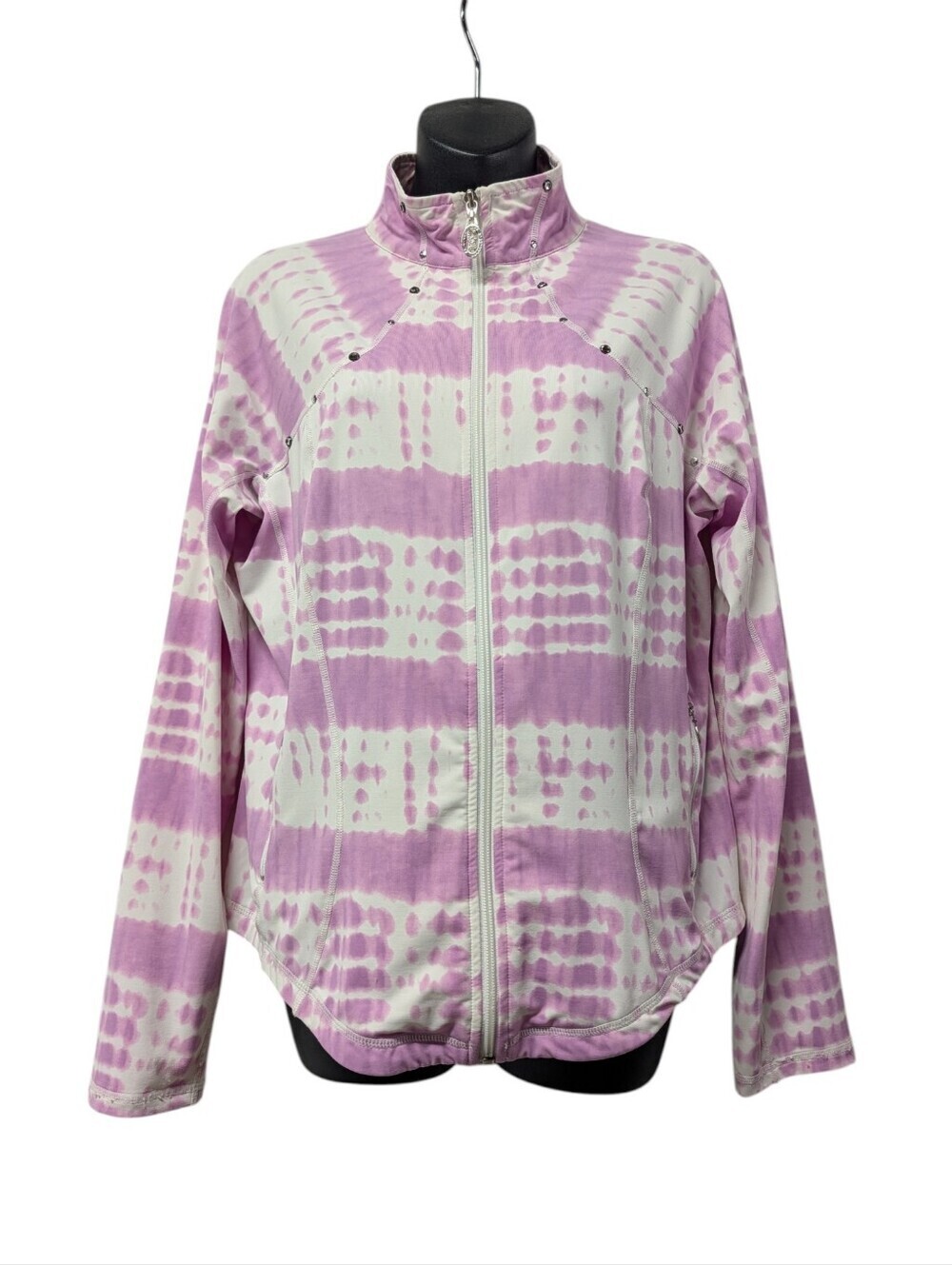 Christine Alexander L Pink White Tie Dye Zip Up Jacket Studs Rhinestone Stretch